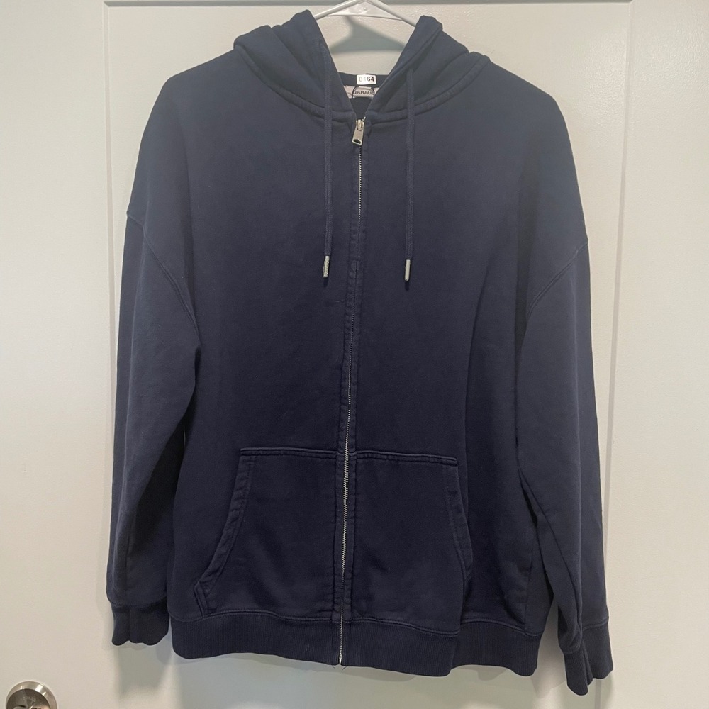 Garage‎ Navy Blue Zip Up Hoodie Oversized Fleece Sweatshirt XS